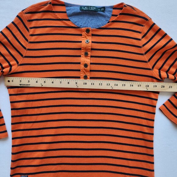 Lauren Ralph Lauren Orange & Navy Striped Button Henley Top Stretchy Comfy Soft - Picture 7 of 7